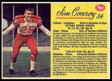 Jim Conroy 1963 Post CFL football card