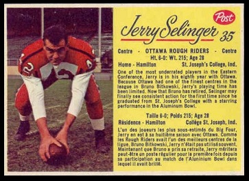 Jerry Selinger 1963 Post CFL football card