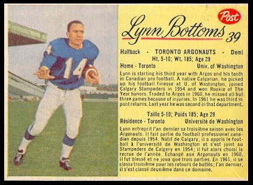 Lynn Bottoms 1963 Post CFL football card