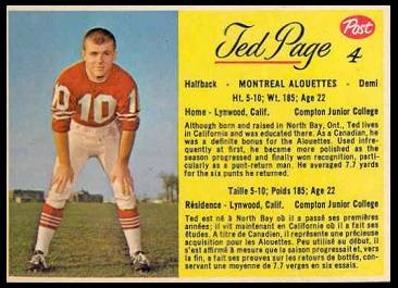 Ted Page 1963 Post CFL football card Ted Page 1963 Post CFL football card