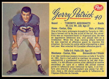 Gerry Patrick 1963 Post CFL football card