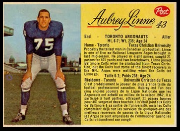 Aubrey Linne 1963 Post CFL football card