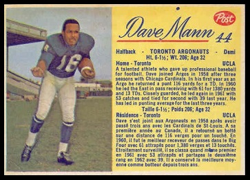 Dave Mann 1963 Post CFL football card