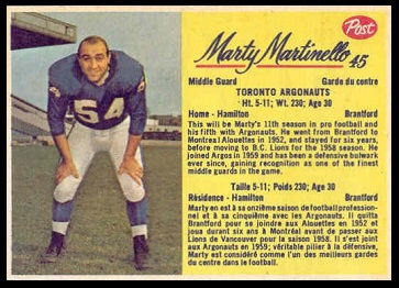 Marty Martinello 1963 Post CFL football card
