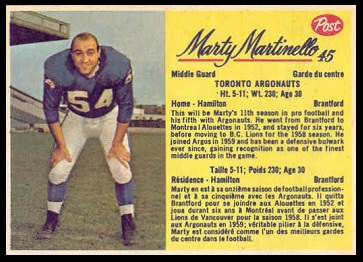 Marty Martinello 1963 Post CFL football card