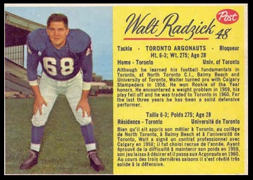 Walt Radzick 1963 Post CFL football card