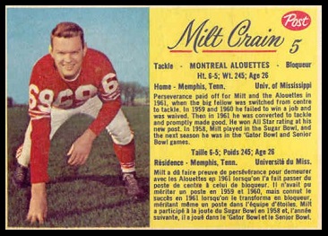 Milt Crain 1963 Post CFL football card