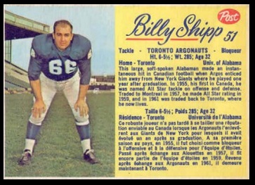 Billy Shipp 1963 Post CFL football card