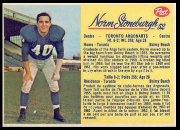 Norm Stoneburgh 1963 Post CFL football card