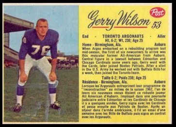 Jerry Wilson 1963 Post CFL football card