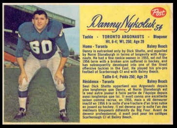 Danny Nykoluk 1963 Post CFL football card