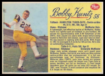 Bobby Kuntz 1963 Post CFL football card
