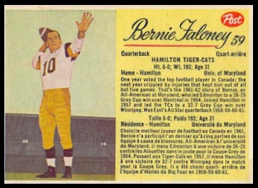 Bernie Faloney 1963 Post CFL football card Bernie Faloney 1963 Post CFL football card