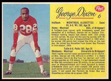 George Dixon 1963 Post CFL football card