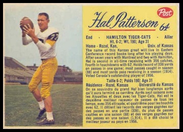 Hal Patterson 1963 Post CFL football card Hal Patterson 1963 Post CFL football card