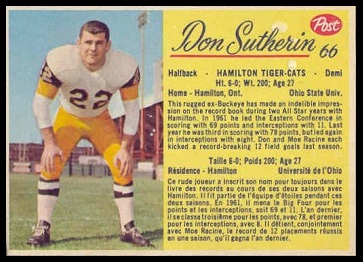 Don Sutherin 1963 Post CFL football card Don Sutherin 1963 Post CFL football card