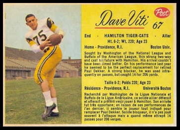 Dave Viti 1963 Post CFL football card