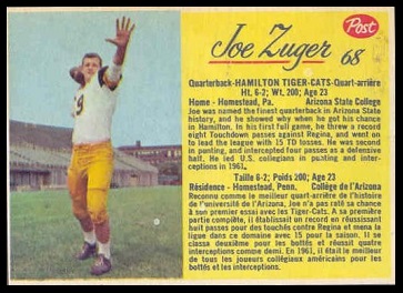 Joe Zuger 1963 Post CFL football card Joe Zuger 1963 Post CFL football card