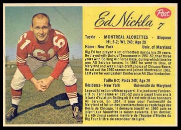 Ed Nickla 1963 Post CFL football card Ed Nickla 1963 Post CFL football card