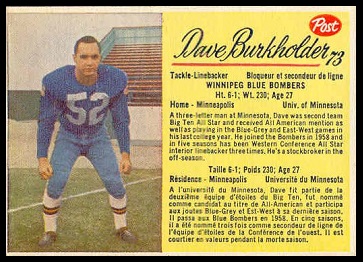 Dave Burkholder 1963 Post CFL football card