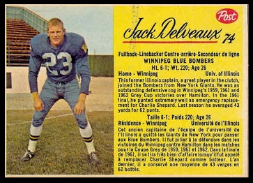 Jack Delveaux 1963 Post CFL football card