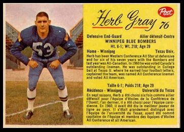 Herb Gray 1963 Post CFL football card