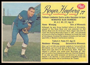 Roger Hagberg 1963 Post CFL football card