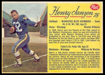 Henry Janzen 1963 Post CFL football card