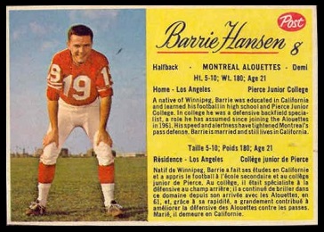 Barrie Hansen 1963 Post CFL football card