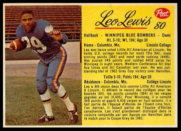 Leo Lewis 1963 Post CFL football card