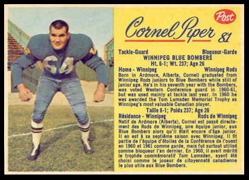 Cornel Piper 1963 Post CFL football card