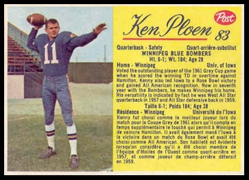Ken Ploen 1963 Post CFL football card