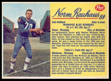 Norm Rauhaus 1963 Post CFL football card