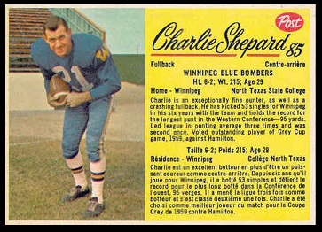 Charlie Shepard 1963 Post CFL football card