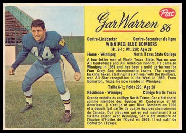 Gar Warren 1963 Post CFL football card