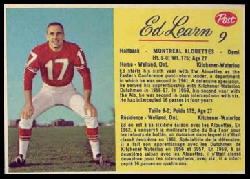 Ed Learn 1963 Post CFL football card