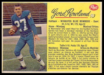 Gord Rowland 1963 Post CFL football card