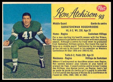 Ron Atchison 1963 Post CFL football card