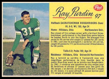 Ray Purdin 1963 Post CFL football card