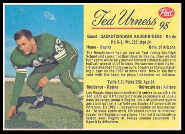 Ted Urness 1963 Post CFL football card