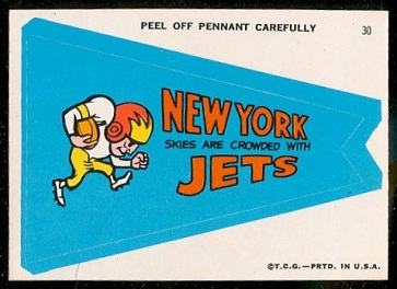 New York Skies Are Crowded with Jets 1967 Topps Krazy Pennants football card