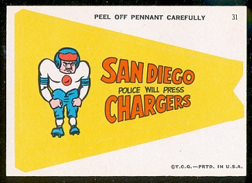 San Diego Police Will Press Chargers 1967 Topps Krazy Pennants football card