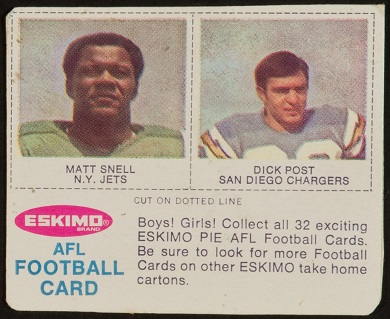Matt Snell, Dick Post 1969 Eskimo Pie football card Matt Snell, Dick Post 1969 Eskimo Pie football card