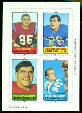 Nick Buoniconti, George Saimes, Pete Duranko, Jacque MacKinnon 1969 Topps 4-in-1 football card