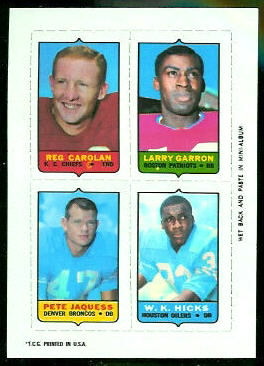 Reg Carolan, Larry Garron, Pete Jaquess, W.K. Hicks 1969 Topps 4-in-1 football card Reg Carolan, Larry Garron, Pete Jaquess, W.K. Hicks 1969 Topps 4-in-1 football card