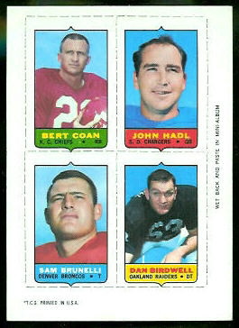 Bert Coan, John Hadl, Sam Brunelli, Dan Birdwell 1969 Topps 4-in-1 football card