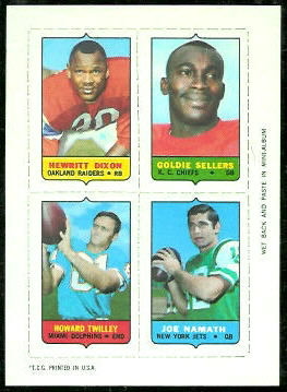 Hewritt Dixon, Goldie Sellers, Howard Twilley, Joe Namath 1969 Topps 4-in-1 football card