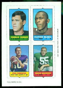 Charlie Durkee, Clifton McNeil, Fran Tarkenton, Maxie Baughan 1969 Topps 4-in-1 football card