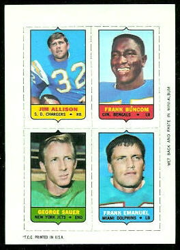 Jim Allison, Frank Buncom, George Sauer, Frank Emanuel 1969 Topps 4-in-1 football card