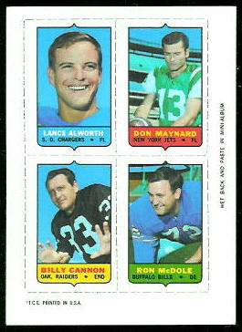 Lance Alworth, Don Maynard, Billy Cannon, Ron McDole 1969 Topps 4-in-1 football card